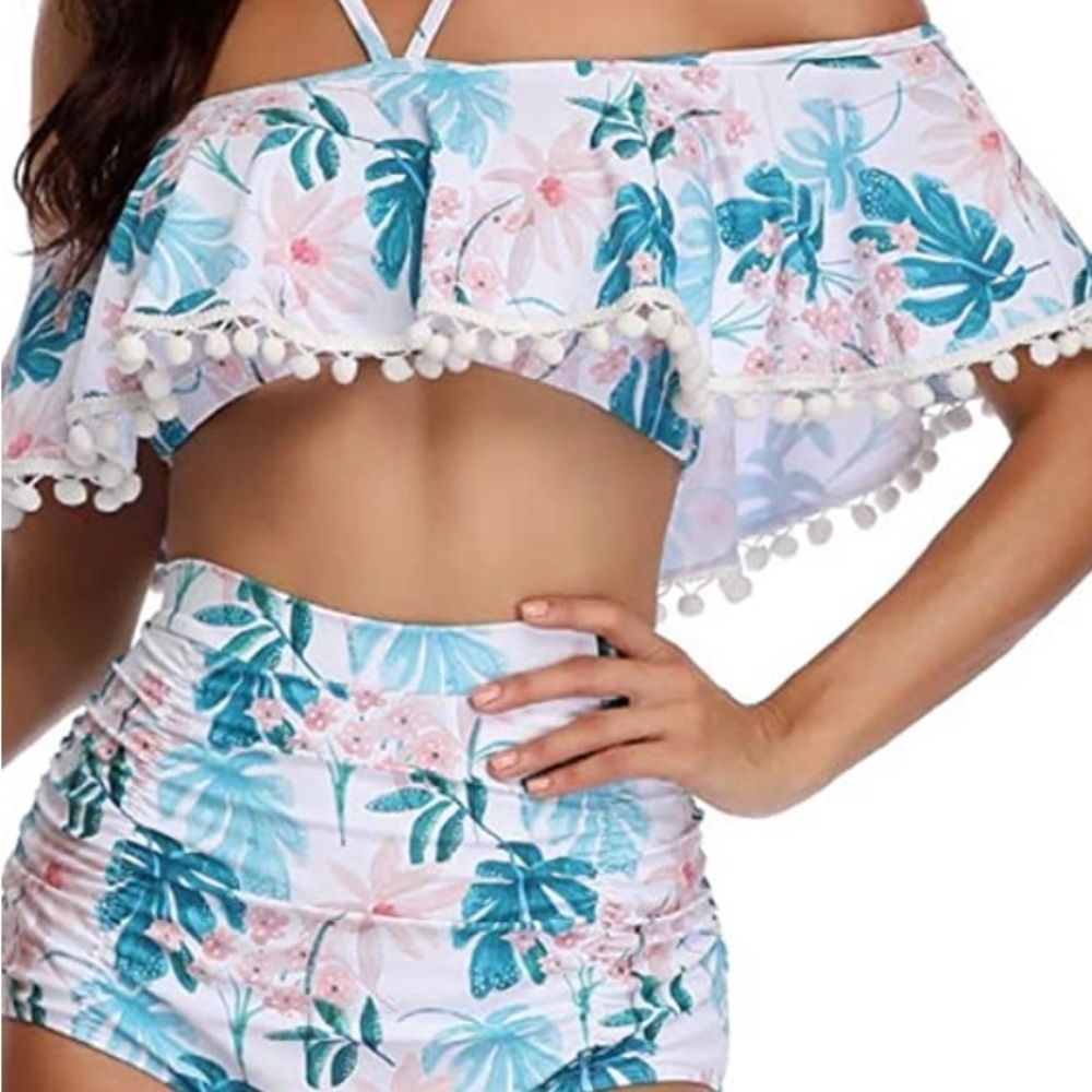⭐️tassel Halter Palm Print Off Shoulder Flounced Ruched High Waist Bikini Set⭐️